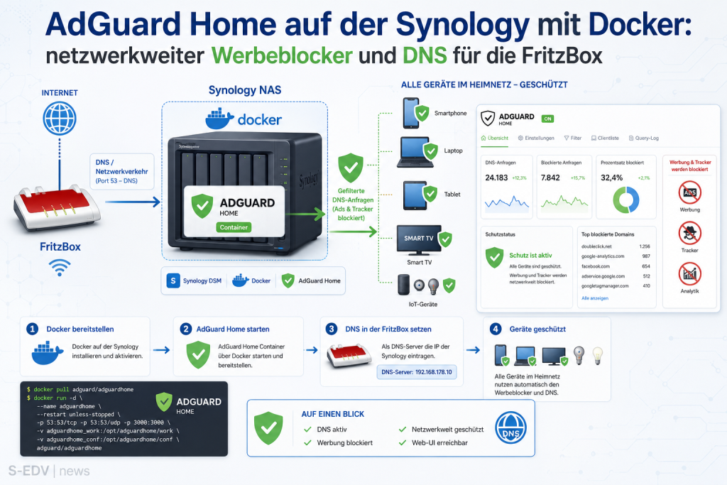 Moderne IT-Grafik zur Anleitung für AdGuard Home auf einer Synology NAS mit Docker als netzwerkweiter Werbeblocker und DNS-Server für die FritzBox, inklusive Heimnetz, geschützten Geräten, Dashboard.