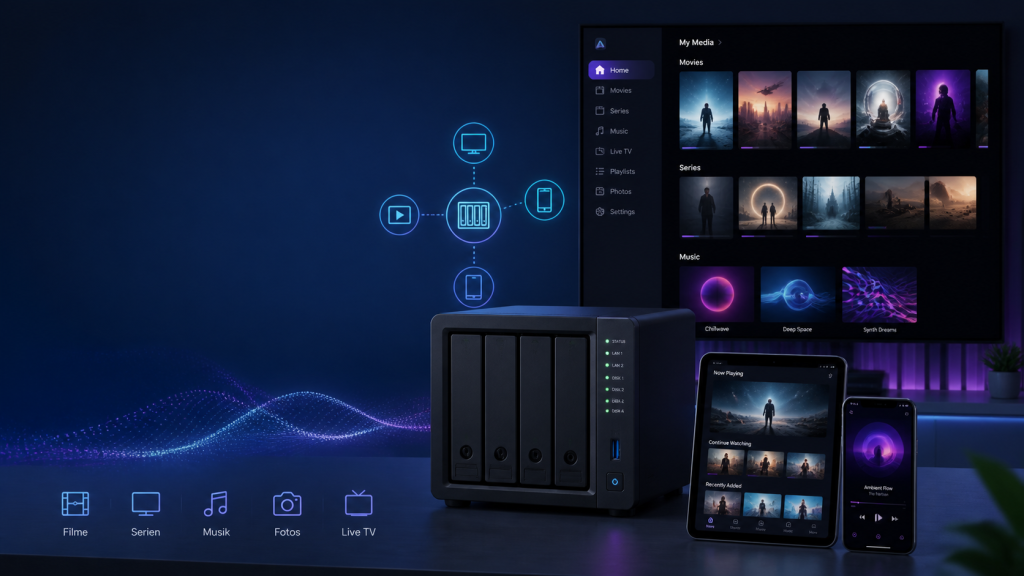 Illustration einer Synology-NAS mit Jellyfin-Medienserver, moderner Streaming-Oberfläche und vernetzten Geräten wie TV, Tablet und Smartphone in einer stilvollen Homelab-Umgebung.
