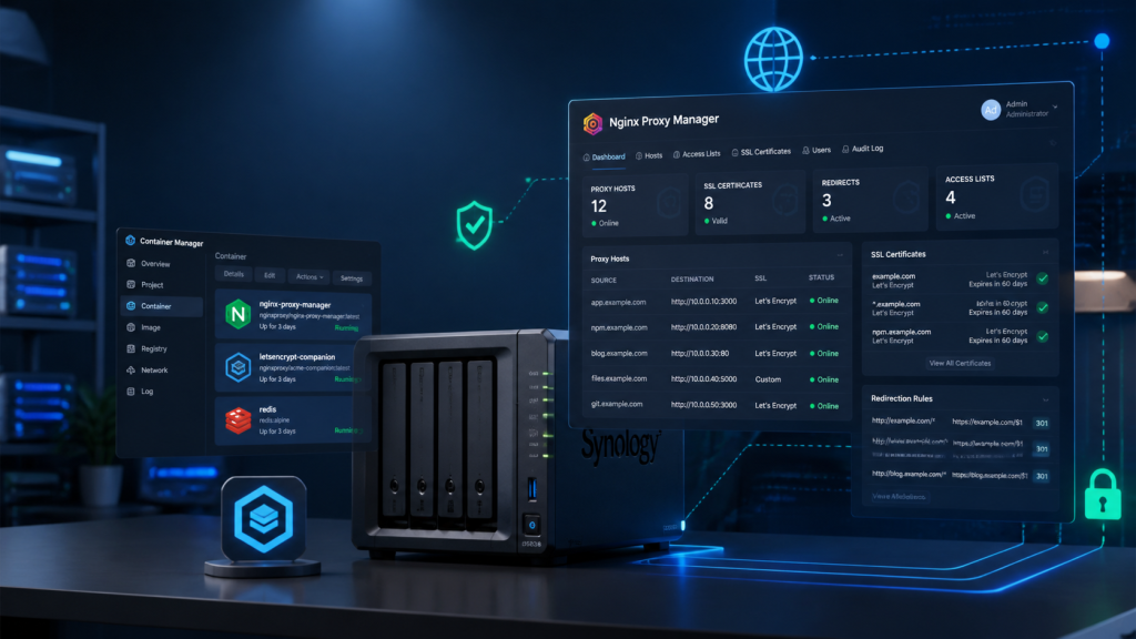 Illustration einer Synology-NAS mit Container Manager und Nginx Proxy Manager Dashboard, inklusive Proxy-Hosts, SSL-Zertifikaten, Netzwerkverbindungen und aktiven HTTPS-Diensten in einer modernen Homelab-Umgebung.
