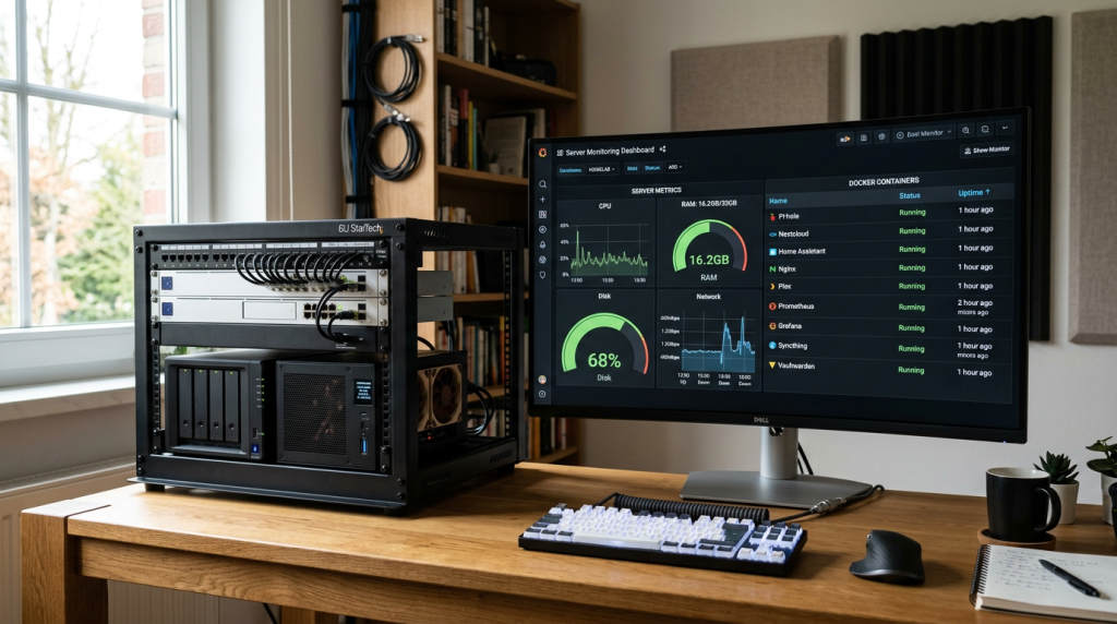 Realistisches Hero-Bild mit Server-Monitoring-Dashboard, Docker-Containern und kompakter Homelab-Hardware für eine Anleitung zu Beszel Server Monitoring mit Docker.