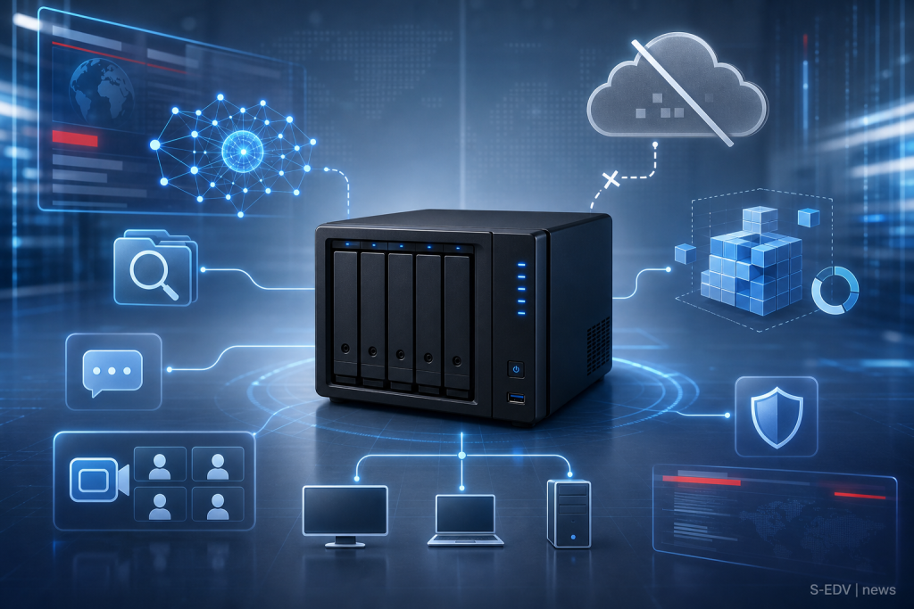 Redaktionelle IT-News-Grafik zu Synology DSM 7.4 mit lokalem NAS, KI-Agent, Suche, Chat, Meeting und getrennt dargestellter Cloud.