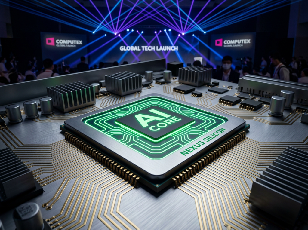 Eine Makroaufnahme eines leistungsstarken, grün leuchtenden Nvidia RTX Spark Arm-Prozessors auf einem edlen Laptop-Mainboard während einer Messepräsentation auf der Computex 2026.