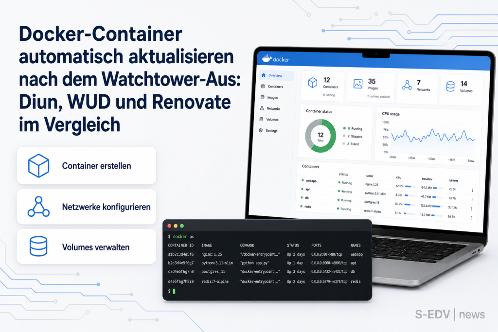 Docker-Container automatisch aktualisieren nach dem Watchtower-Aus: Diun, WUD und Renovate im Vergleich