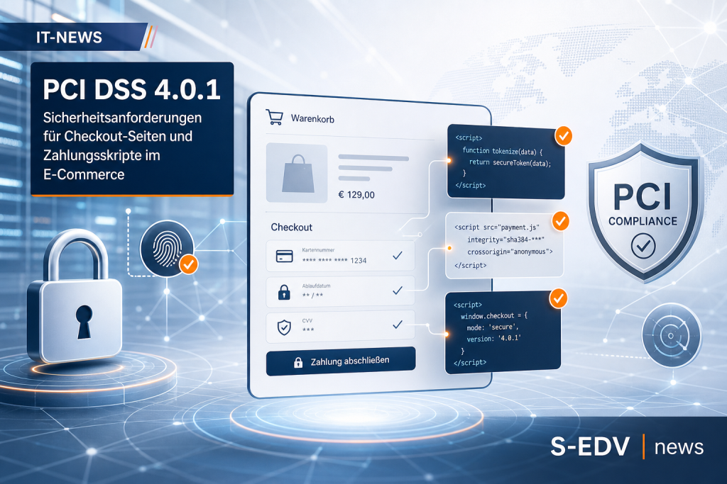 Redaktionelle IT-News-Grafik zu PCI DSS 4.0.1: Checkout-Skripte als Sicherheitsrisiko - was Admins jetzt pruefen muessen