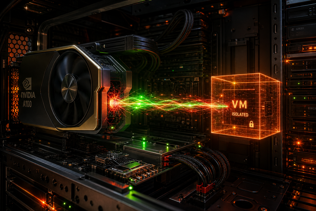 Eine leistungsstarke Grafikkarte in einem Servergehäuse, die leuchtend grüne und rote Energie direkt in einen orangen, virtuellen Würfel leitet, als Symbol für GPU-Passthrough in einer Proxmox-VM.