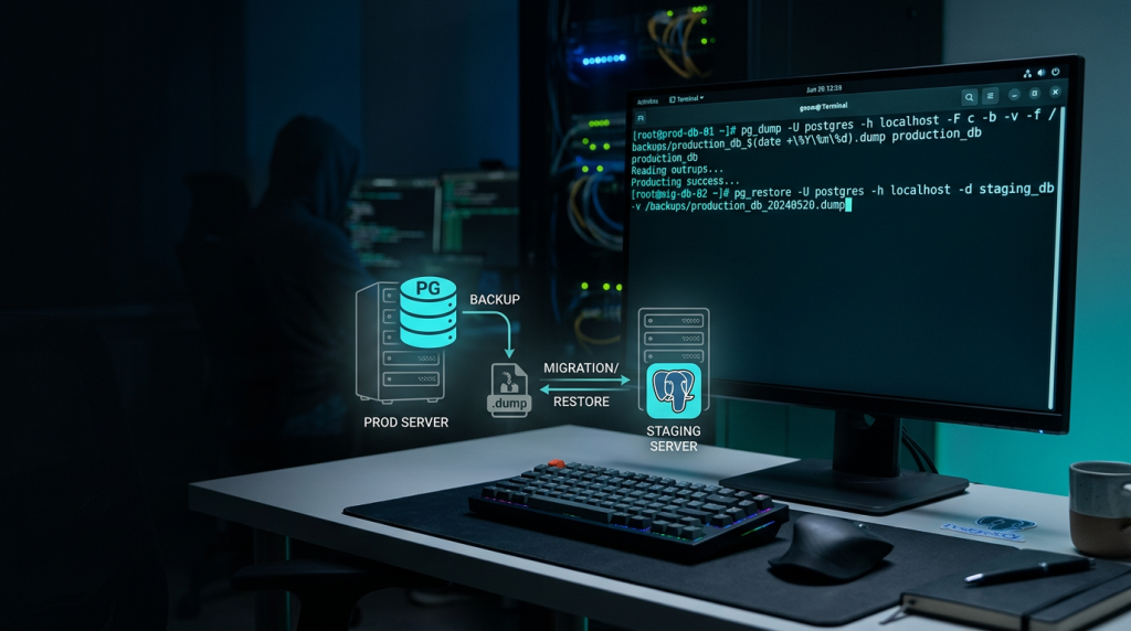 Hero-Bild zu PostgreSQL mit Terminal, Backup per pg_dump und Wiederherstellung per pg_restore für Migration und Datensicherung über die Kommandozeile.