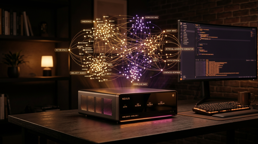 Ein lokaler Server auf einem Schreibtisch, über dem ein leuchtendes Netzwerk aus goldenen und magentafarbenen Vektordatenpunkten schwebt, was ein selbst gehostetes RAG-System symbolisiert.