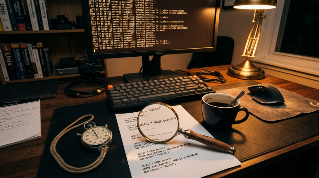 Ein realistischer IT-Schreibtisch mit einer Lupe über ausgedruckten SQL-Befehlen und einer Stoppuhr, als Metapher für die Analyse des MySQL Slow Query Logs.