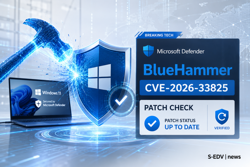 Microsoft Defender BlueHammer CVE-2026-33825 als Cybersecurity News Grafik mit Windows Schutzschild, blauem Hammer Symbol und Patch Check Status zur Prüfung des aktuellen Patchstands.