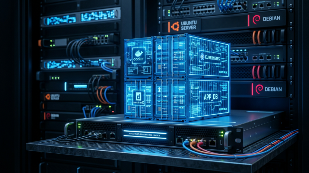 Ein Stapel leuchtend blauer digitaler Container auf einem Server-Rack, der die solide Grundlage für Self-Hosting mit Docker auf Linux symbolisiert.