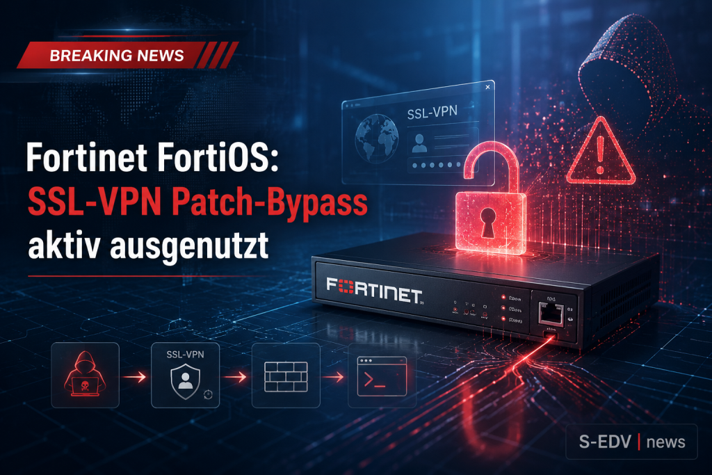 Professionelle IT News Grafik zu Fortinet FortiOS mit zentraler Firewall Appliance, SSL VPN Tunnel, gebrochenem Patch Schild und rotem Warnsignal für aktiv ausgenutzten Patch Bypass. Heller technischer Hintergrund mit Netzwerkverbindungen und dezentem S E