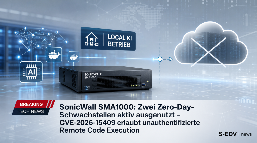 SonicWall SMA1000 Zero Day CVE-2026-15409 Sicherheitslücke: Server mit Warnsymbol, aktive Ausnutzung, unauthentifizierte Remote Code Execution