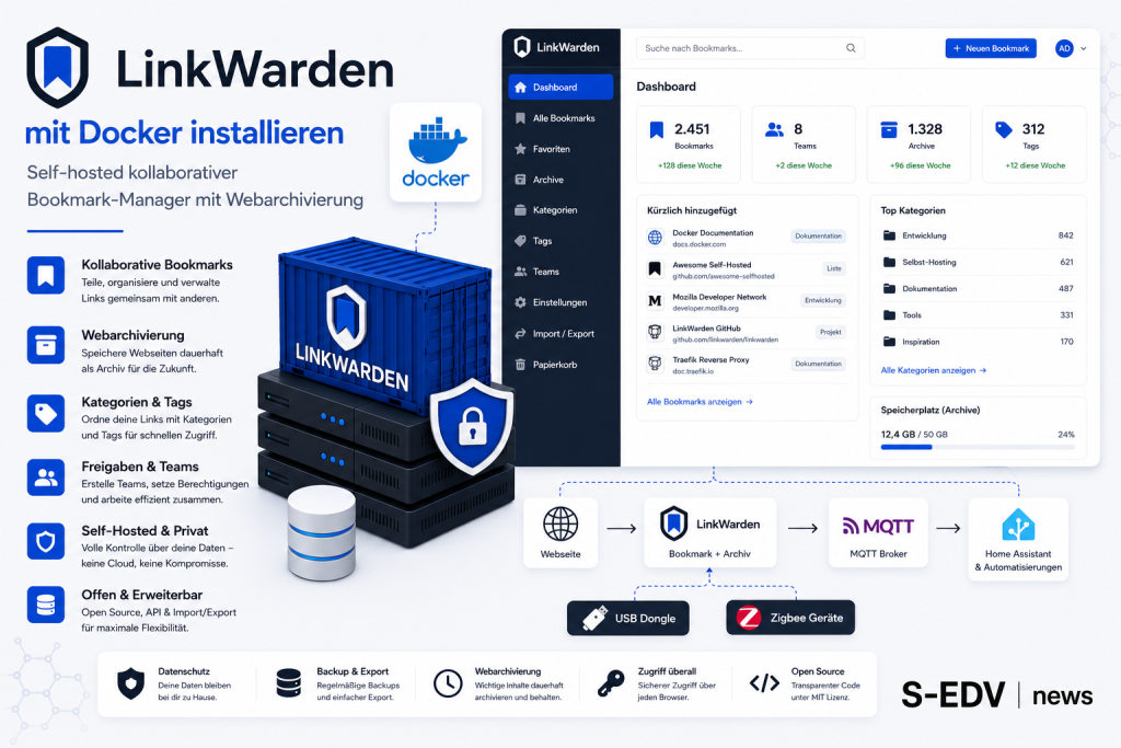 LinkWarden mit Docker installieren: Self hosted Bookmark Manager mit Docker Container, kollaborativer Linkverwaltung, Webarchivierung, Kategorien, Tags und Teamfreigaben zur sicheren Verwaltung und Archivierung wichtiger Webseiten und Lesezeichen.