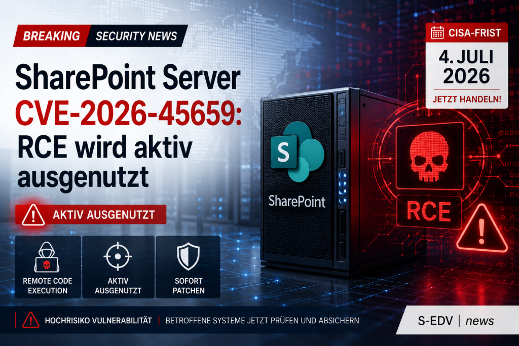 Professionelle IT News Grafik zu Microsoft SharePoint Server mit der kritischen Sicherheitslücke CVE 2026 45659. Die Darstellung zeigt einen SharePoint Server mit Cyberangriffs Visualisierungen, Warnsymbolen und einer aktiven Remote Code Execution Schwach