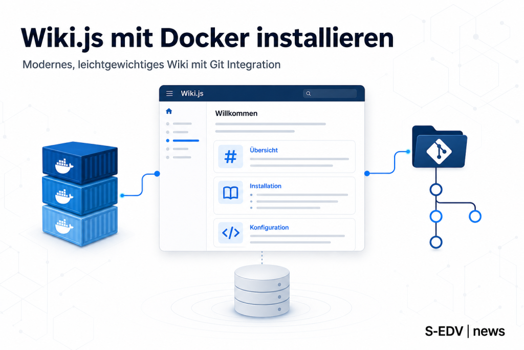Moderne IT Titelgrafik zur Installation von Wiki.js mit Docker, Datenbank und Git Integration für eine versionierte Wissensdatenbank