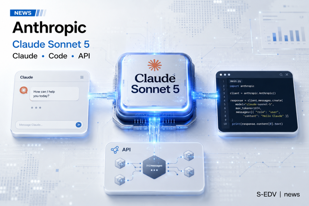 IT News Grafik zu Anthropic Claude Sonnet 5 mit KI Chip, Claude Chat, Code Editor und API Schnittstellen für Claude, Code und Entwickler API