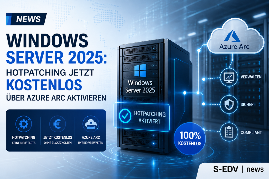 Windows Server 2025 mit aktiviertem Hotpatching über Azure Arc in moderner Rechenzentrumsumgebung. Symbolische Darstellung von automatischen Sicherheitsupdates ohne Neustart, zentraler Serververwaltung und Hybrid Cloud Management für IT Administratoren.