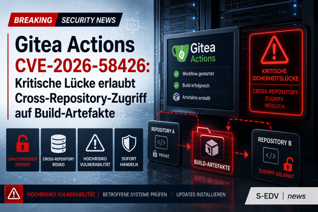 Professionelle IT News Grafik zu Gitea Actions mit der kritischen Sicherheitslücke CVE 2026 58426. Die Darstellung zeigt eine CI/CD Umgebung mit mehreren Repositorys, Build Artefakten und Cybersecurity Warnsymbolen. Das Bild verdeutlicht das Risiko eines