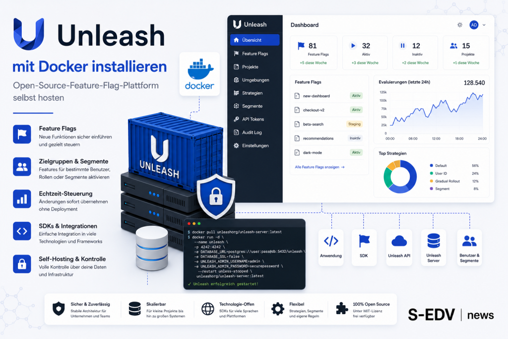 Unleash mit Docker installieren: Open Source Feature Flag Plattform für Self Hosting mit Docker Container, Feature Management, schrittweisen Rollouts, Zielgruppen Segmentierung, Echtzeit Steuerung und API Integration für moderne Softwareentwicklung.