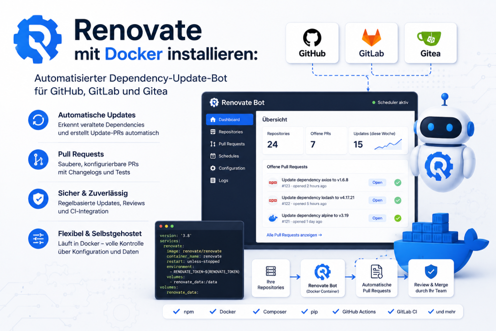 Illustration zur Installation von Renovate mit Docker für automatisierte Dependency Updates in GitHub, GitLab und Gitea. Die Grafik zeigt einen selbst gehosteten Renovate Bot mit Docker Container, Repository Verwaltung, automatischen Pull Requests, CI/CD