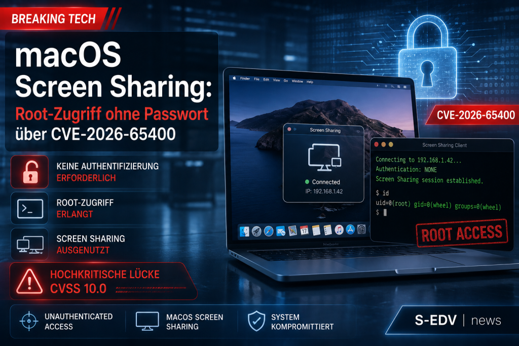 macOS Screen Sharing mit CVE-2026-65400: Sicherheitslücke ermöglicht Root-Zugriff ohne Passwort und Authentifizierung.