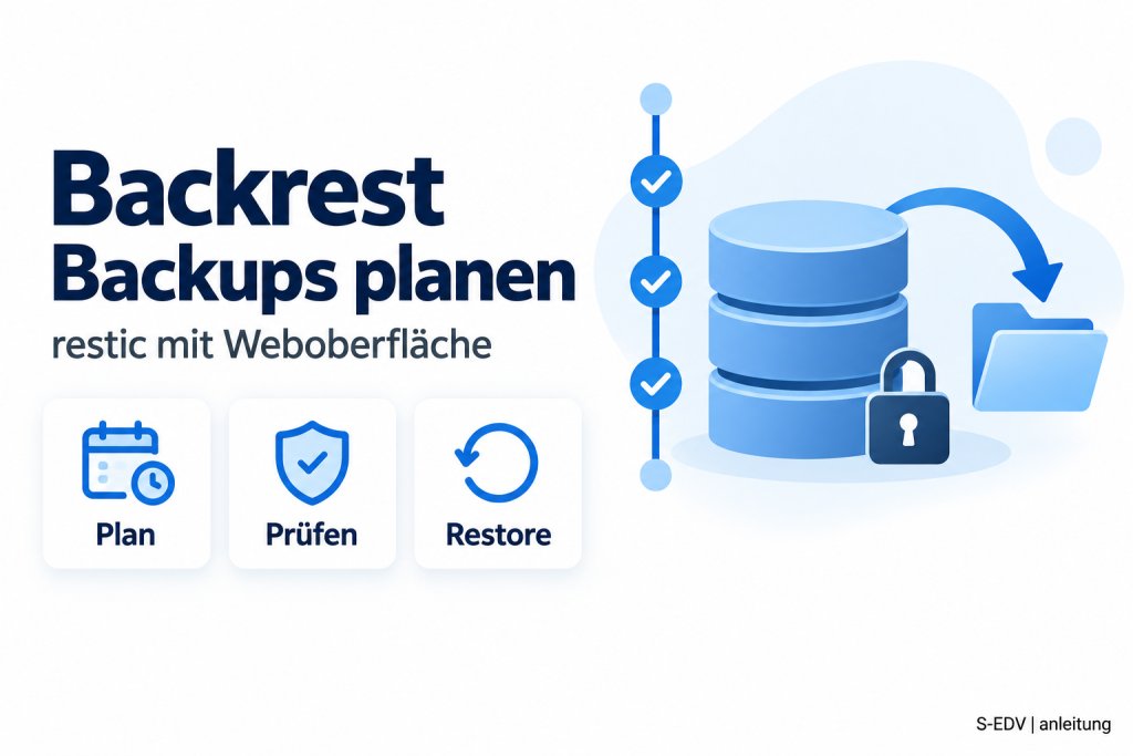 Illustration zur Anleitung Backrest: Überschrift Backups planen, drei Karten Plan, Prüfen und Restore sowie eine Zeitleiste mit Backup-Repository
