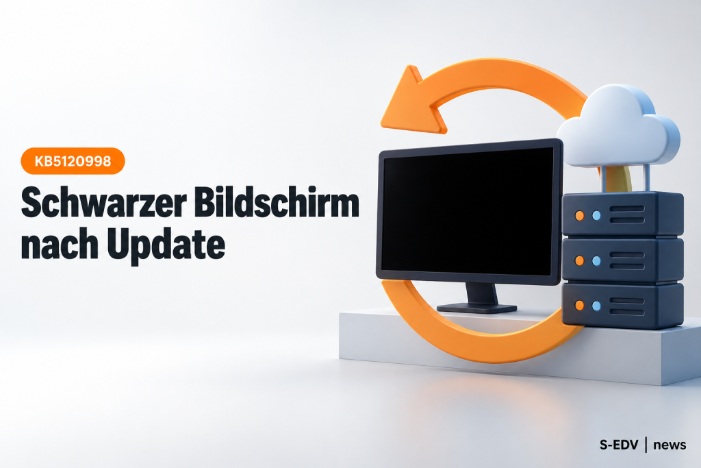Illustration mit der Überschrift Schwarzer Bildschirm nach Update und dem Hinweis KB5120998, daneben ein leerer schwarzer Monitor und Serverblöcke mit Rückroll-Pfeil