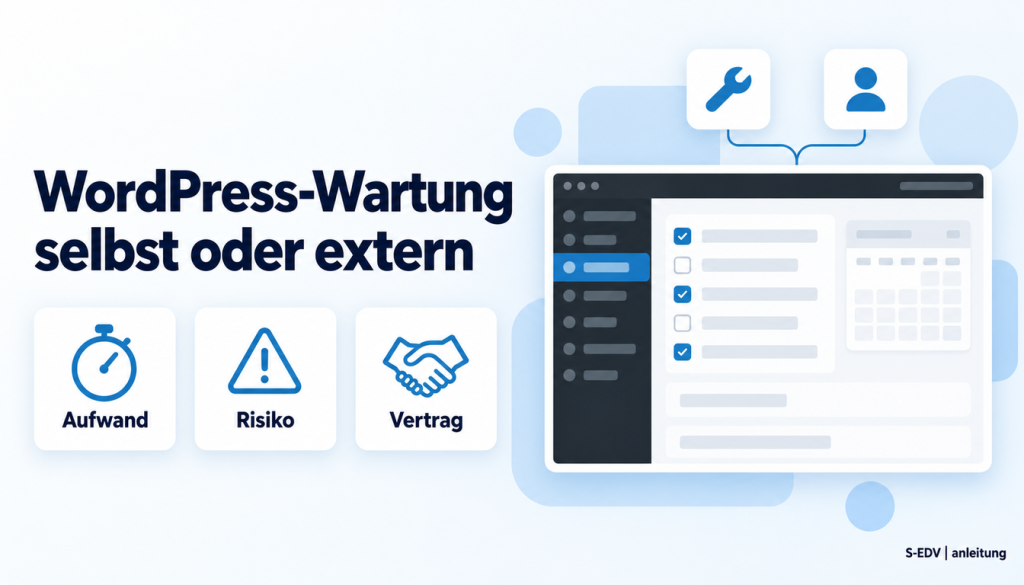 Grafik mit der Überschrift WordPress-Wartung selbst oder extern und einem stilisierten WordPress-Adminbereich mit Aufgabenliste