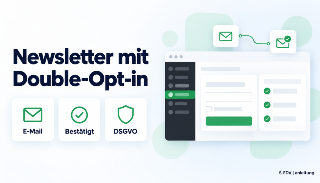 Grafik mit der Überschrift Newsletter mit Double-Opt-in und einem stilisierten WordPress-Adminbereich mit Anmeldeformular