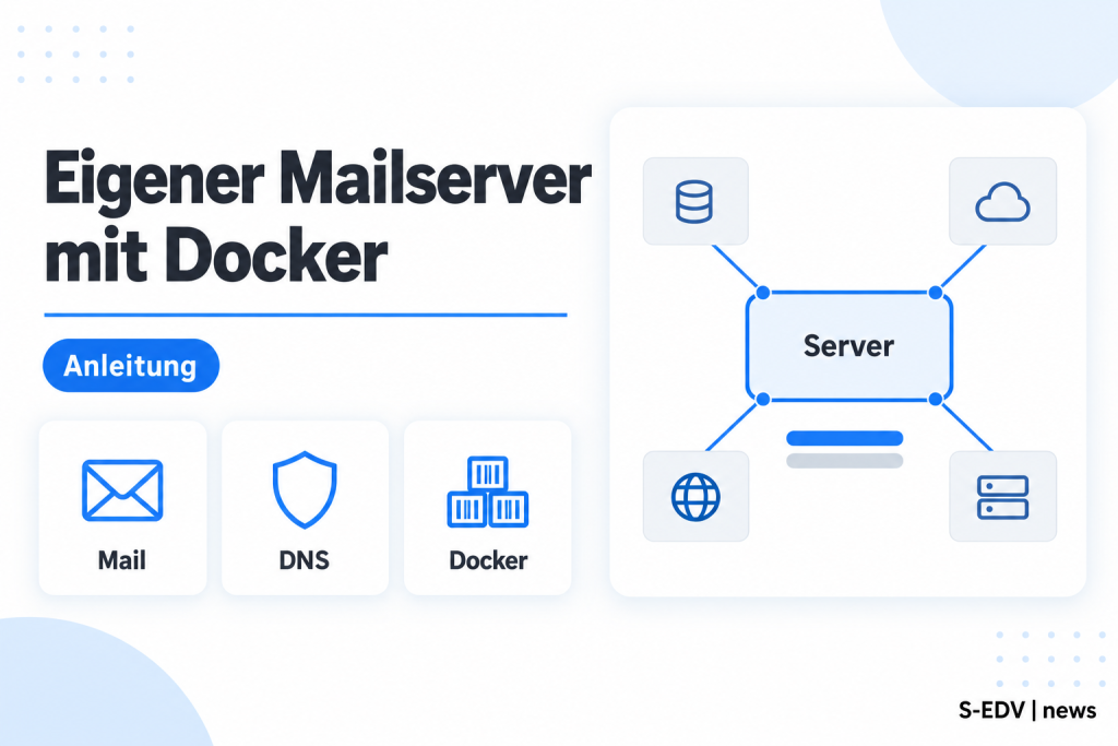 Schematische Darstellung eines eigenen Mailservers im Docker-Container mit Kacheln für Mail, DNS und Docker sowie einem Architekturschema mit zentralem Serverknoten