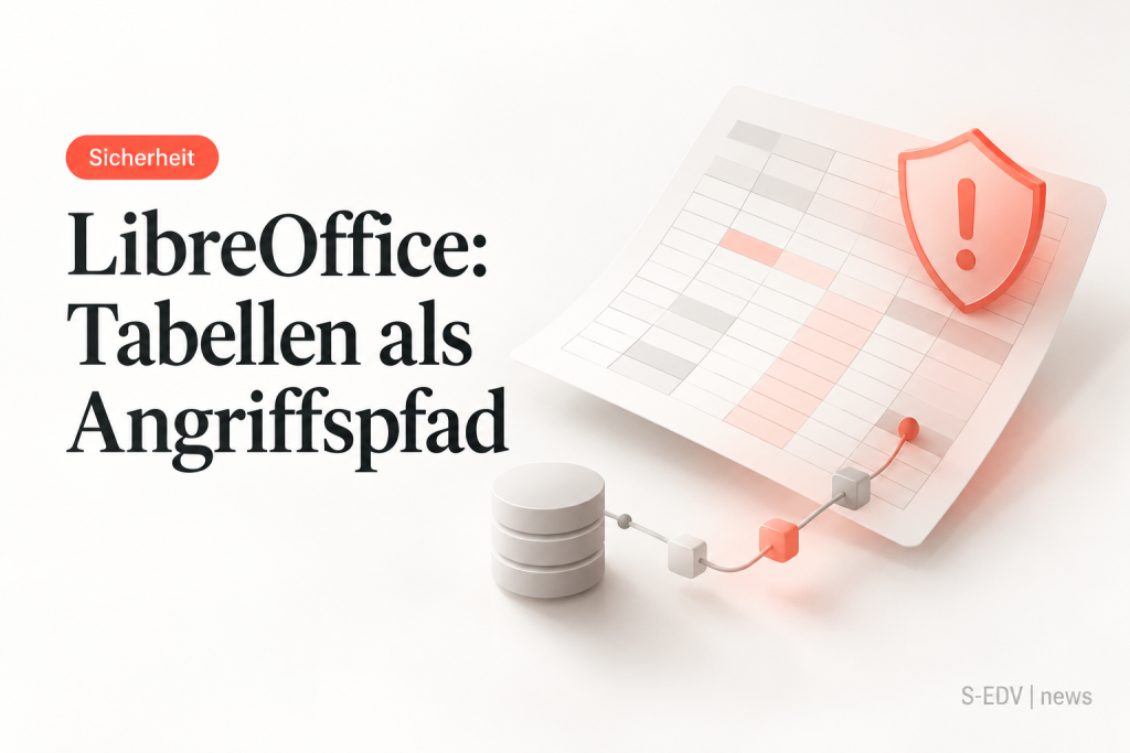 Eine Tabelle mit Warnschild und Datenbank symbolisiert den Java-Angriffspfad in LibreOffice.