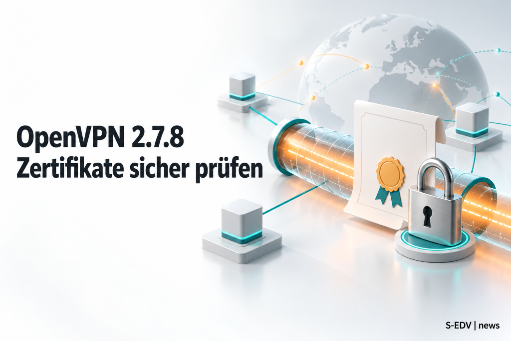 VPN-Tunnel mit Zertifikat und Schloss neben der Überschrift OpenVPN 2.7.8: Zertifikate sicher prüfen